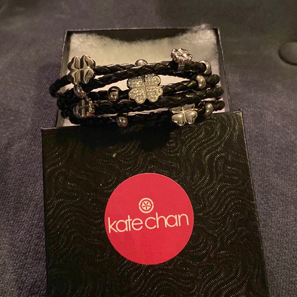 Four leaf clover, lucky charm, leather bracelet